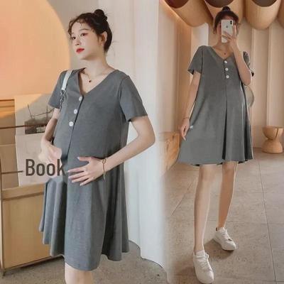 Vestido estiloso para maternidade e amamentação no verão - Saia estilo camiseta folgada e moderna para mães que desafiam a idade