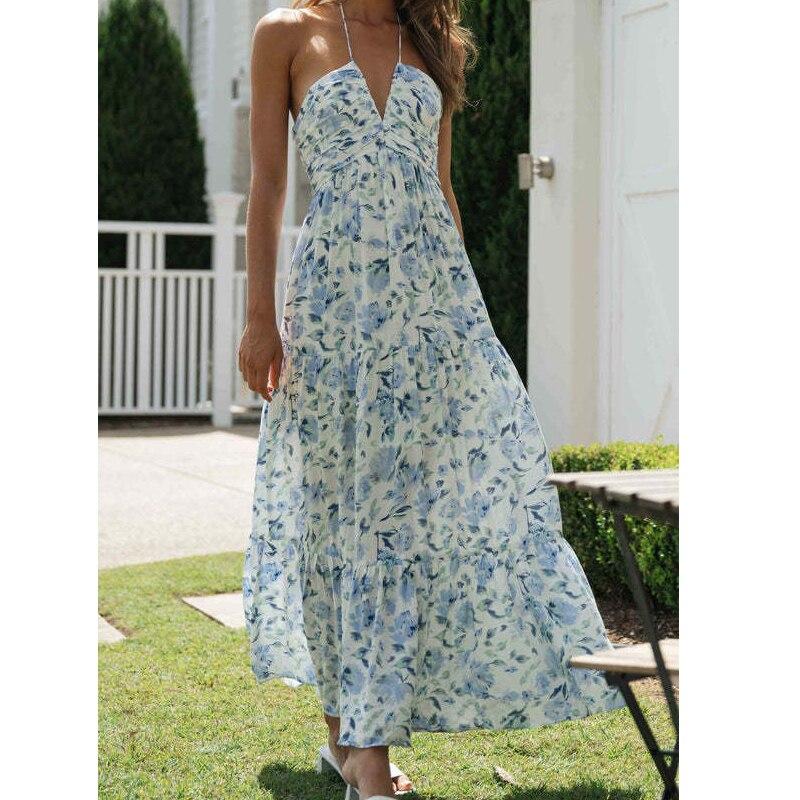 Summer Chiffon V-neck Sleeveless Long Dress For Holiday Sexy Flower Printed High Waist Loose Beach Dress Women Vestidos 25318