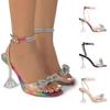 2023 Large Size Women's Roman Square Toe Sandals with Rhinestone Bow and Wine Glass Heel, Sizes 35-43