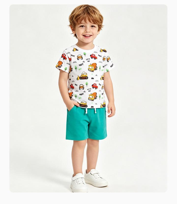 European Style Kids' Summer Two-Piece Set with Cartoon Car Print - Short Sleeve and Shorts