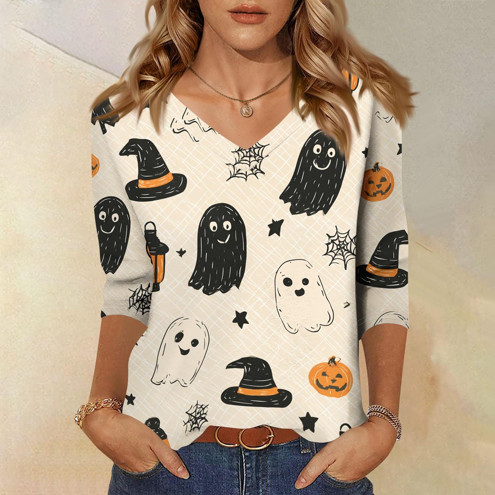Women s Casual Halloween Print V-Neck Top with Three-Quarter Sleeves XL