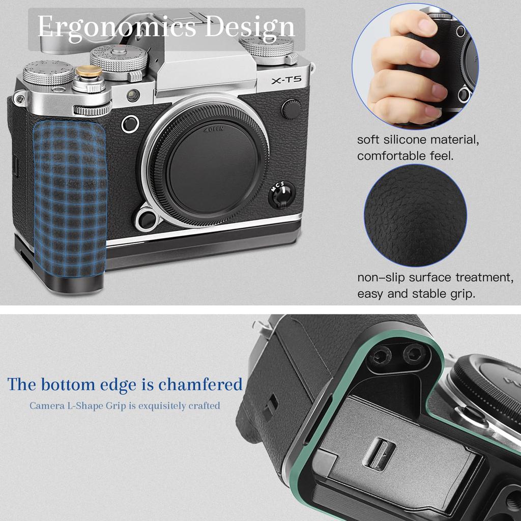Haoge Handle Grip for Fujifilm XT5 Grip with Ergonomic Silicone Side Handle and Plate for DJI Mini Gimbal Black X-T5 Camera, L-Shaped Arca-Swiss