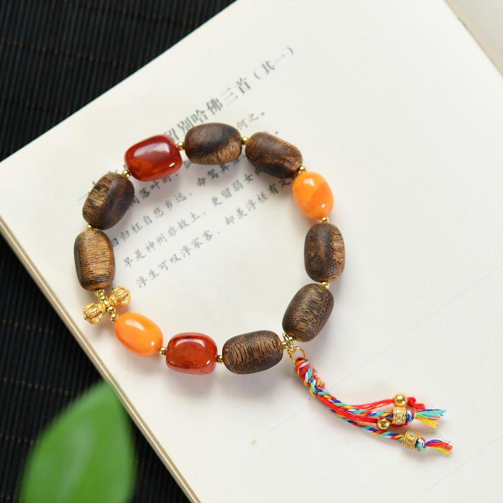 Natural Agarwood, Qinan, Nanhong Agate, Amber, and 925 Silver Vajra Bracelet (No Oil Injection)