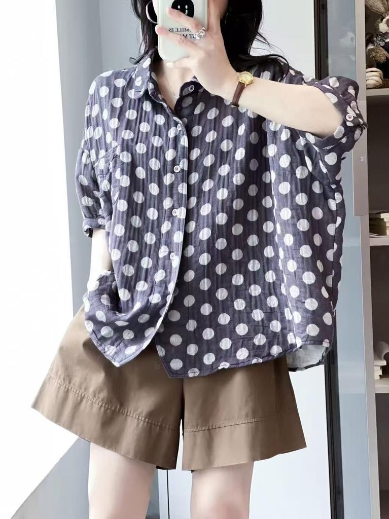 1116 Sommer Neu Damen Revers Japanischer Polka-Dot Top Cardigan Lässiger Literarischer Stil Ins Kurze Ärmel