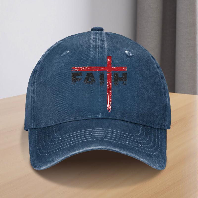 Faith Cross Distressed Print Baseball Cap Polyester Casual Washed Style Adjustable Hat for Adults