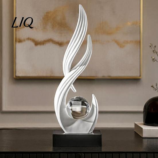 Artistic Ornament for TV Cabinet Abstract Decorative Sculpture with Clear Crystal Ball, Modern Flowing Curve Tabletop Decor Statue Golden Office Desk