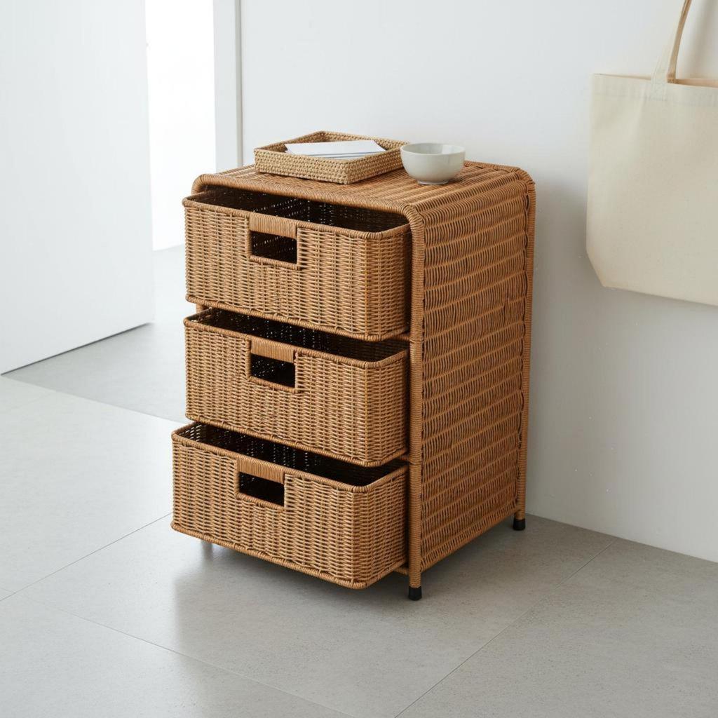 Wicker Design Bedside Table Handmade Home Furniture Removable Baskets