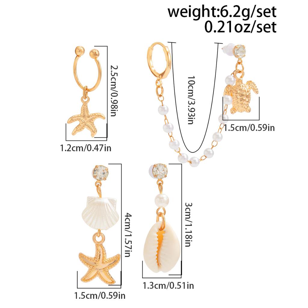 Creative Ocean Style Starfish Scallop Tassel Ear Clips Set Imitation Pearl Vintage Turquoise Pendant Stud Earrings for Women