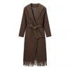 Womens Wool Blend Long Coat With Fringe Detail Casual Elegant Outerwear Winter 2025