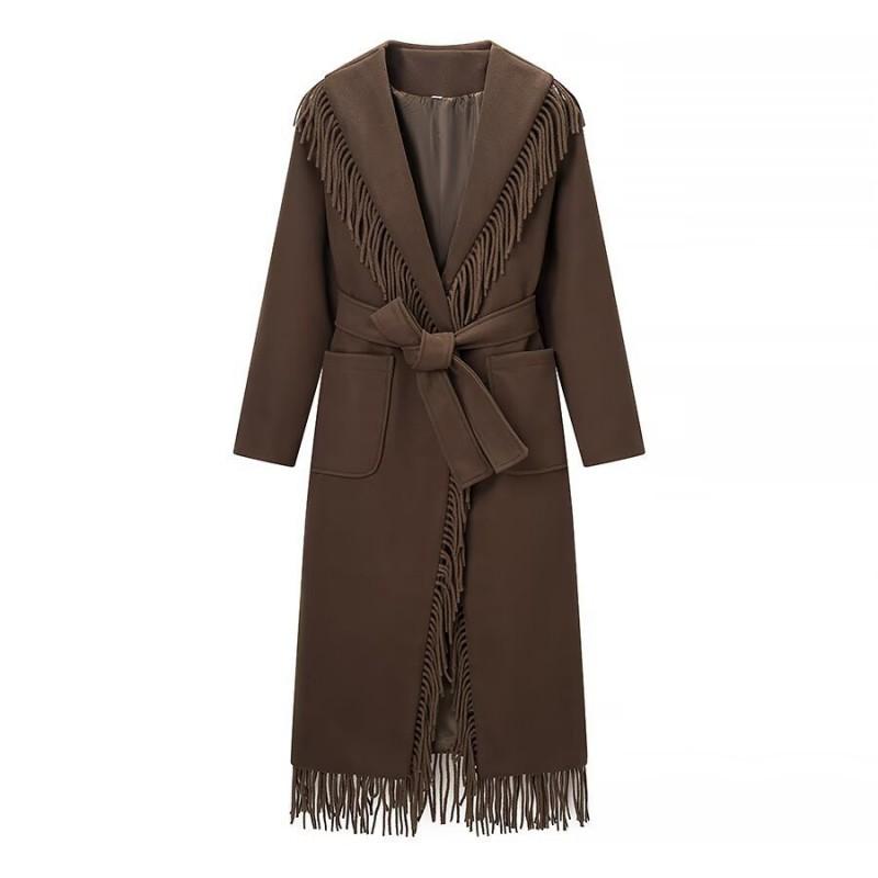 Womens Wool Blend Long Coat With Fringe Detail Casual Elegant Outerwear Winter 2025