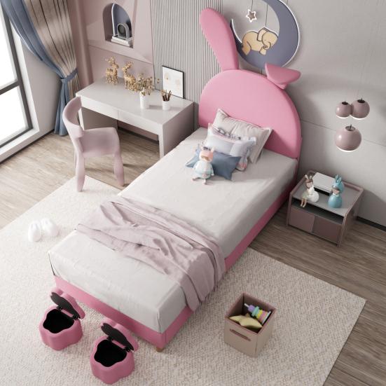 Polsterbett 90x200, mit zwei Stauraumhockern, LED-Nachttischleuchte, Ausklappbare Hasenohren, Ohne Matratze, Jugendbett, Lattenrost, Höhenverstellbar