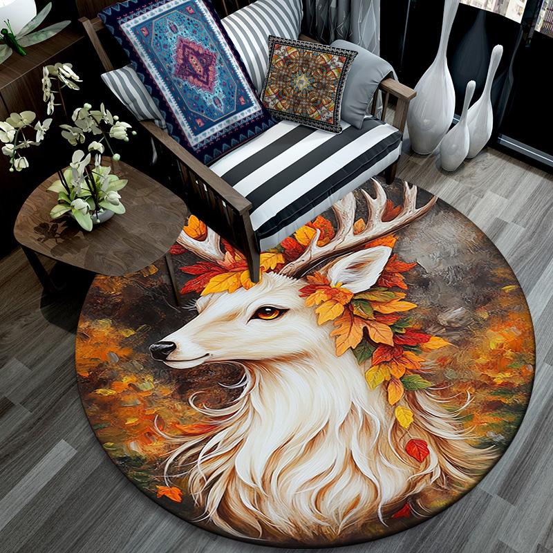 Autumnal Deer Round Area Rug,Carpet Rug for Living Room Bedroom Sofa Playroom Decor,Non-slip Floor Mat