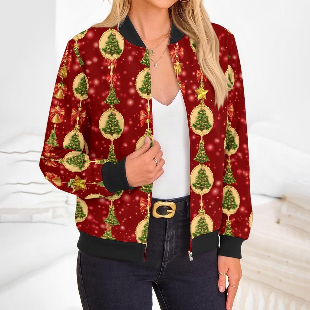 Women's Christmas Print Zip-Up Jacket with Long Sleeve Round Neck Casual Outerwear