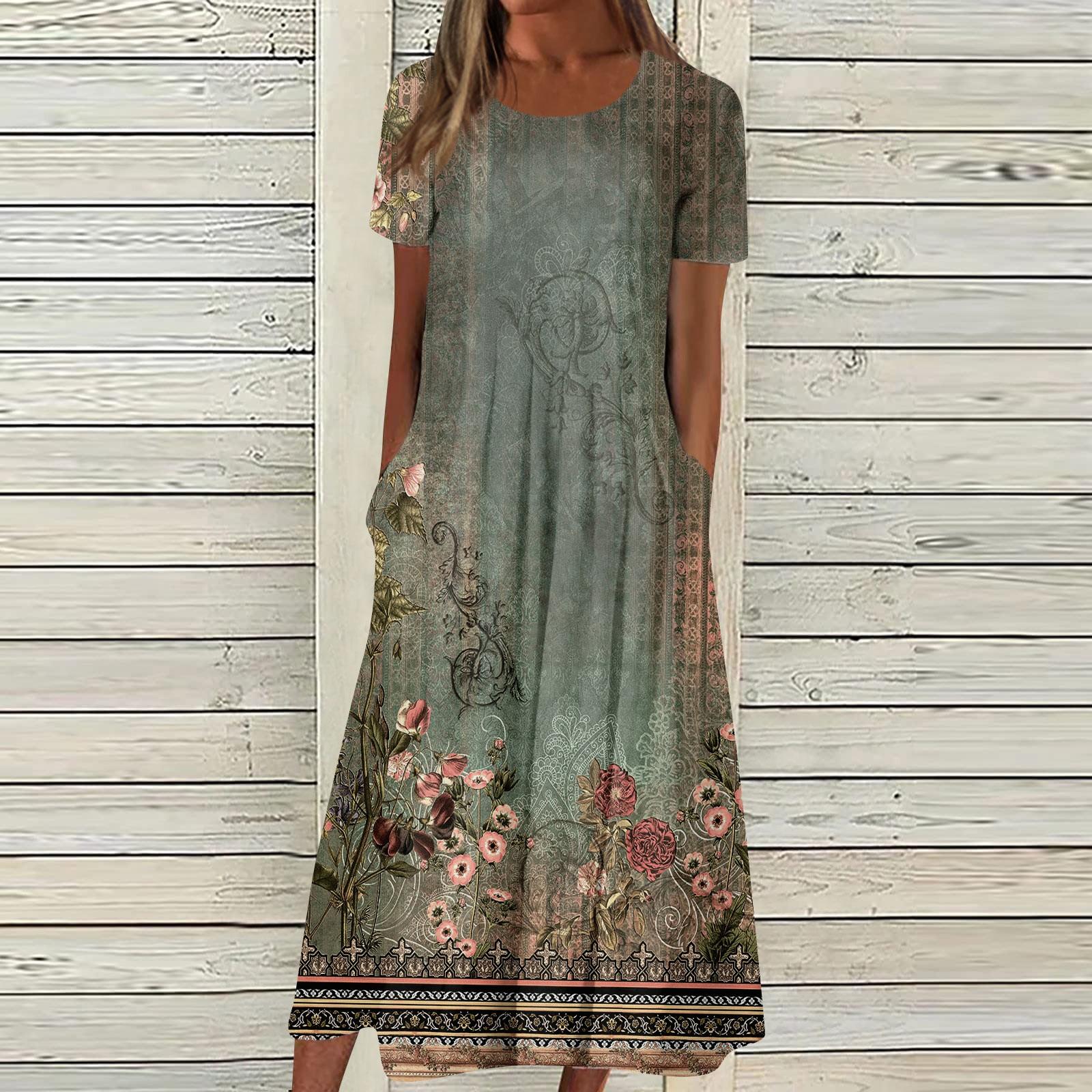 

Женское летнее повседневное модное платье с коротким рукавом и карманом с круглым вырезом XXXL зелёный