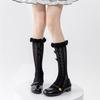 Women Japanese Aesthetic Hollowout Mesh Middle Tube Socks Striped Patterned Ruffle Trim Over Calf Socks with Bows Accent