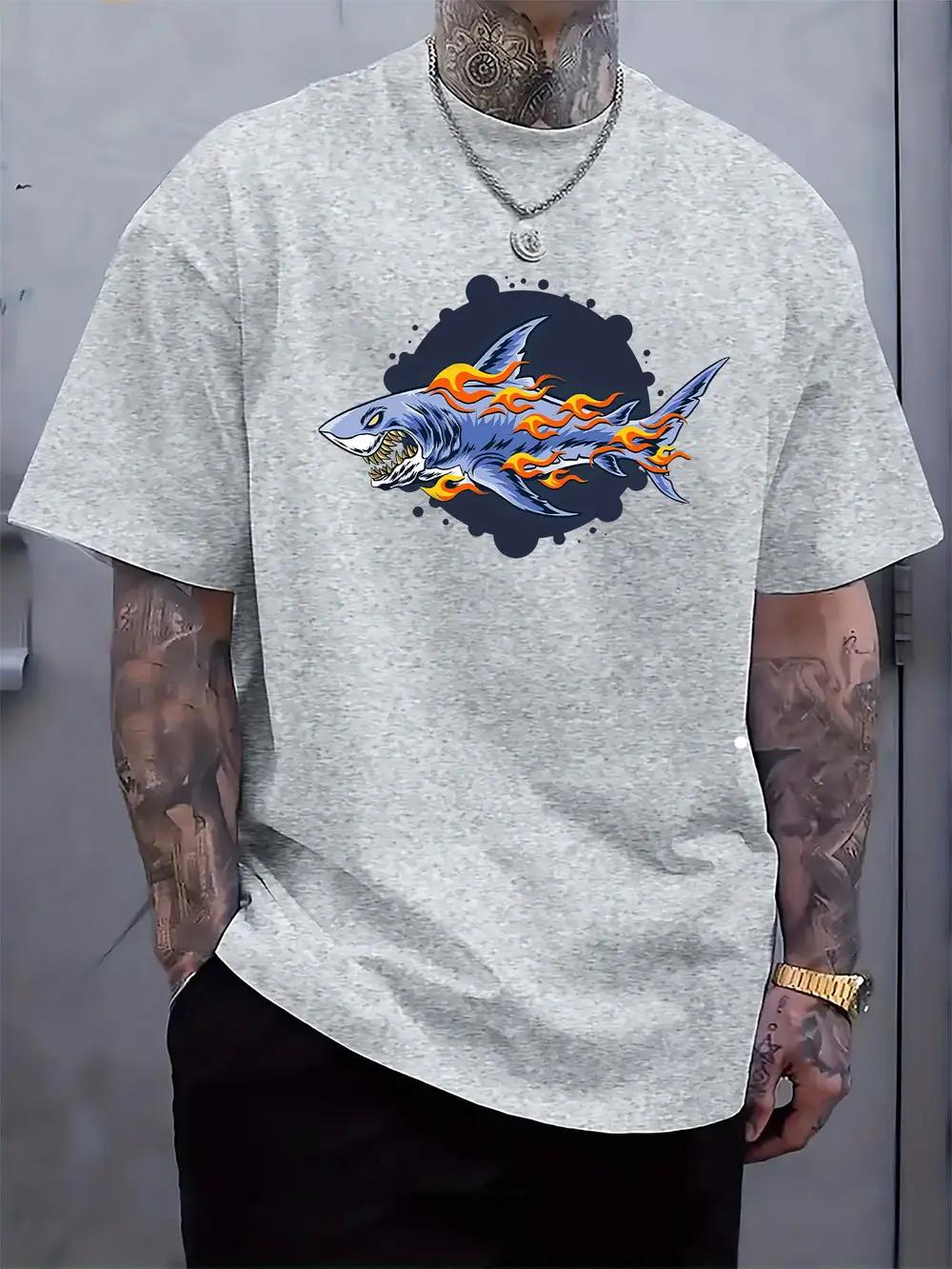 Flame Blue Shark Graphic Print T-shirt - Bold Dynamic Design XXL