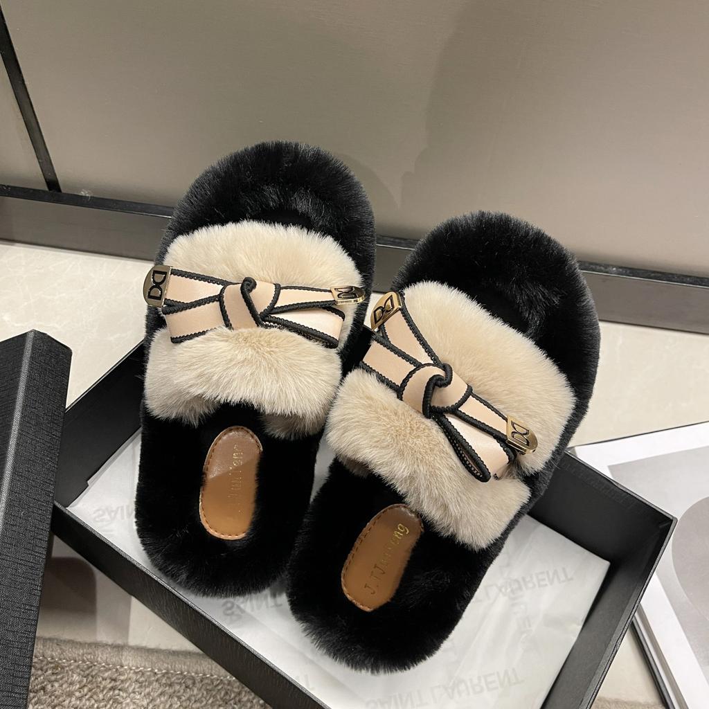 Super fire fluffy slippers women's outer wear 2025 spring and autumn new high-end thick bottom heightening one-word cotton slippers