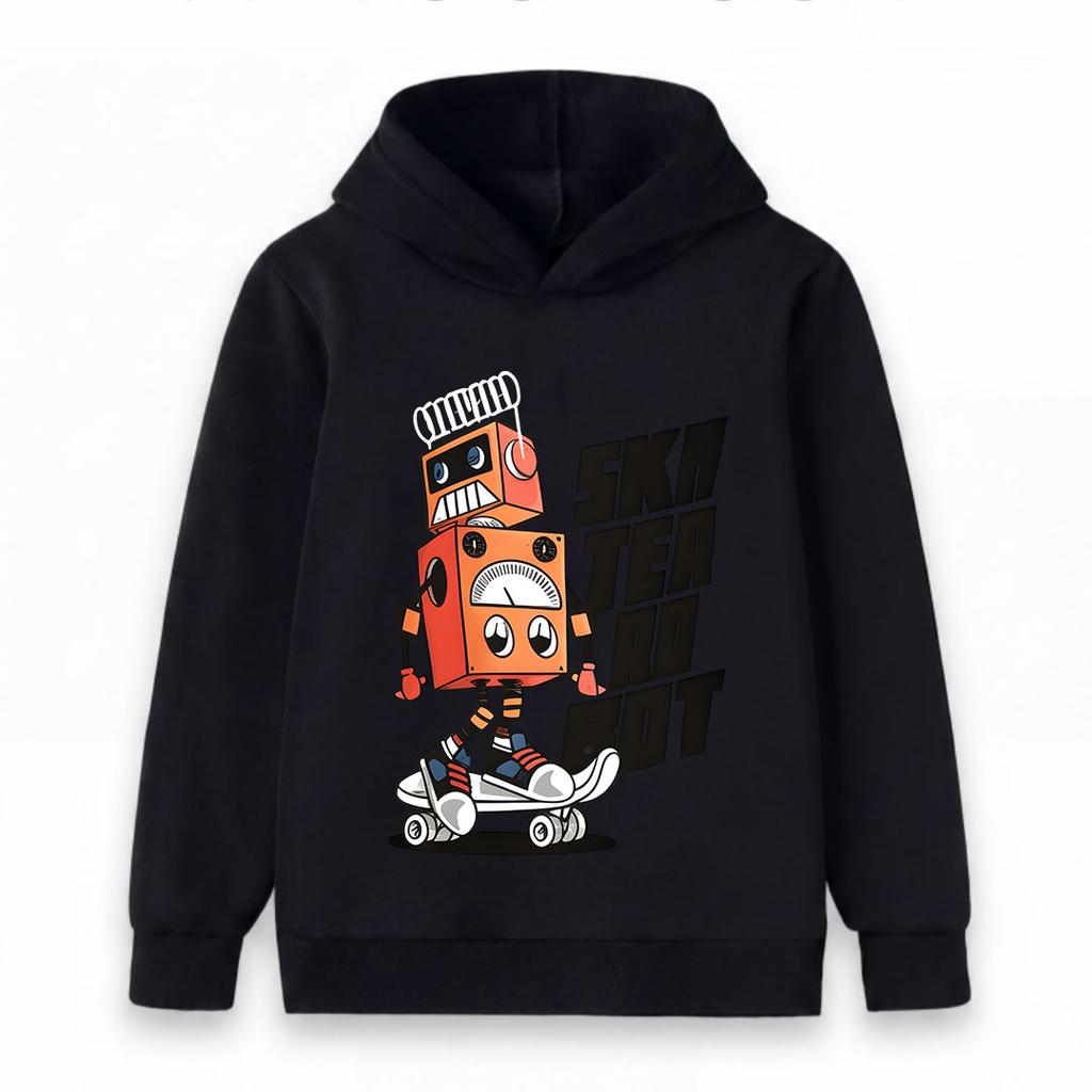 Kids Boys Girls Hooded Sweatshirt, Cool Cartoon Skater Robot Print Pullover Hoodie, Casual Soft Long Sleeve Top for Boys Girls Daily Wear Street Fashi