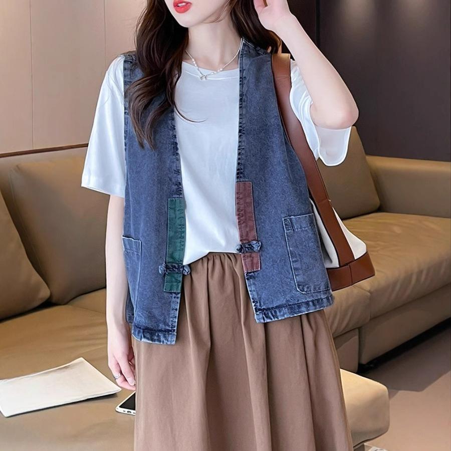 Женский джинсовый жилет в китайском стиле, ретро, весенне-осенний, свободный, тонкий, в западном стиле, универсальная жилетка-куртка XXXL синий