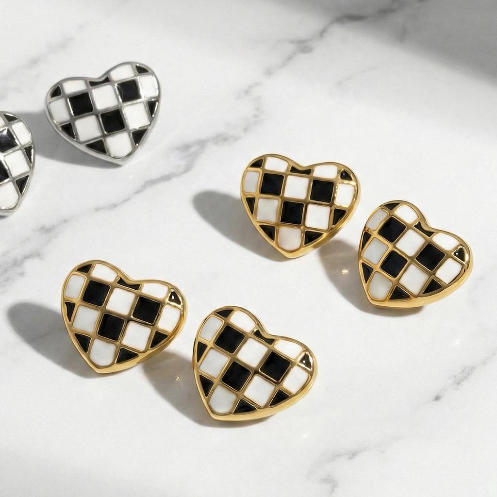 Checkerboard Heart Enamel Stud Earrings - European & American Fashion, Stainless Steel