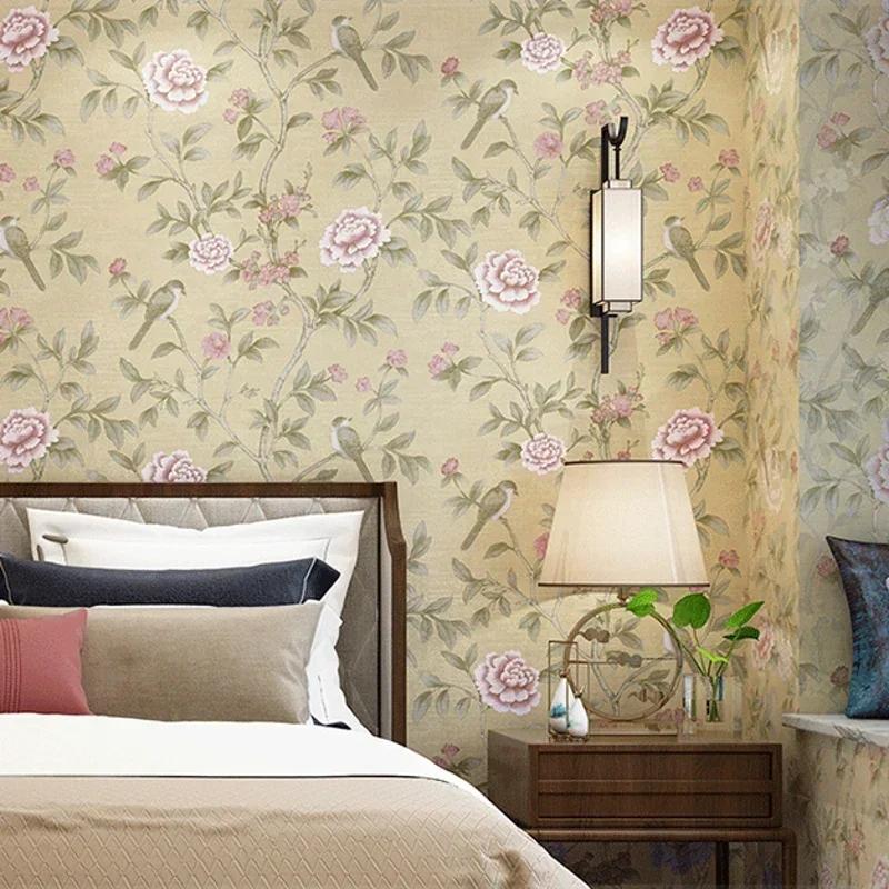 

For Chinese Style Floral Wallpaper Classical Pastoral Flowers Birds Wall Paper Red Yellow Blue Chinoiserie Retro Girls Bedroom 10mx53cm