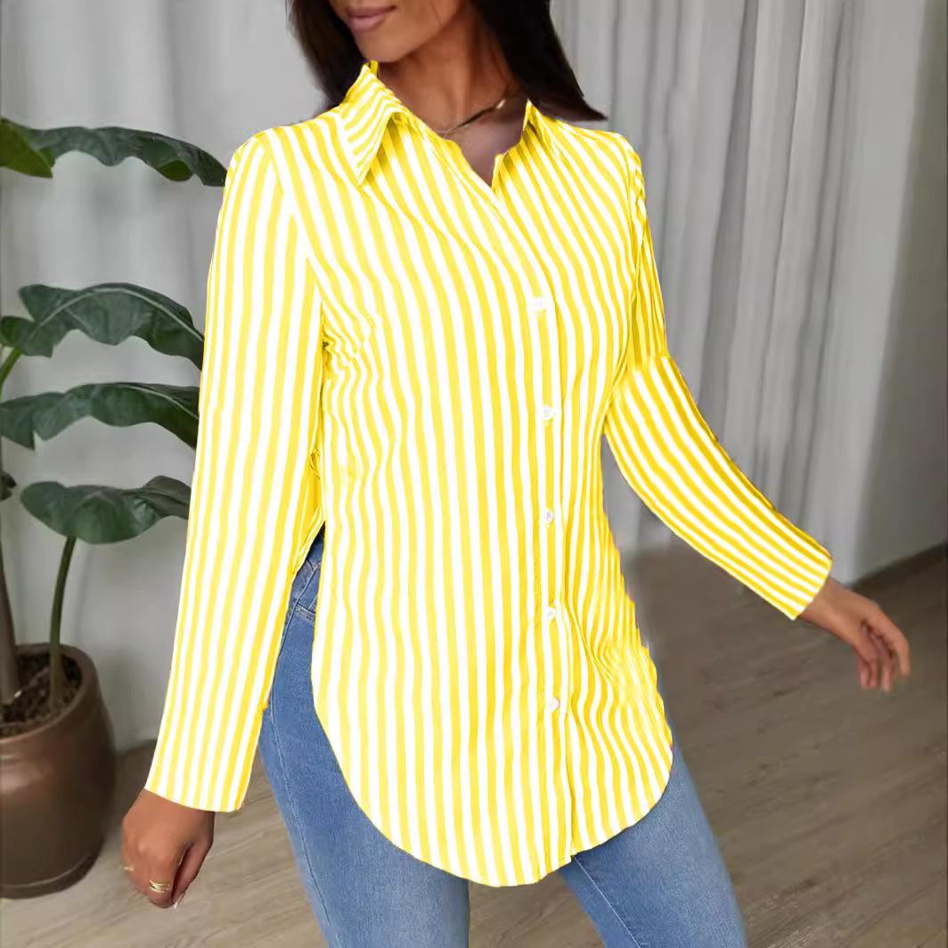 

GMXIA Осенняя модная простая рубашка с длинным рукавом в полоску для женщин XXL жёлтый