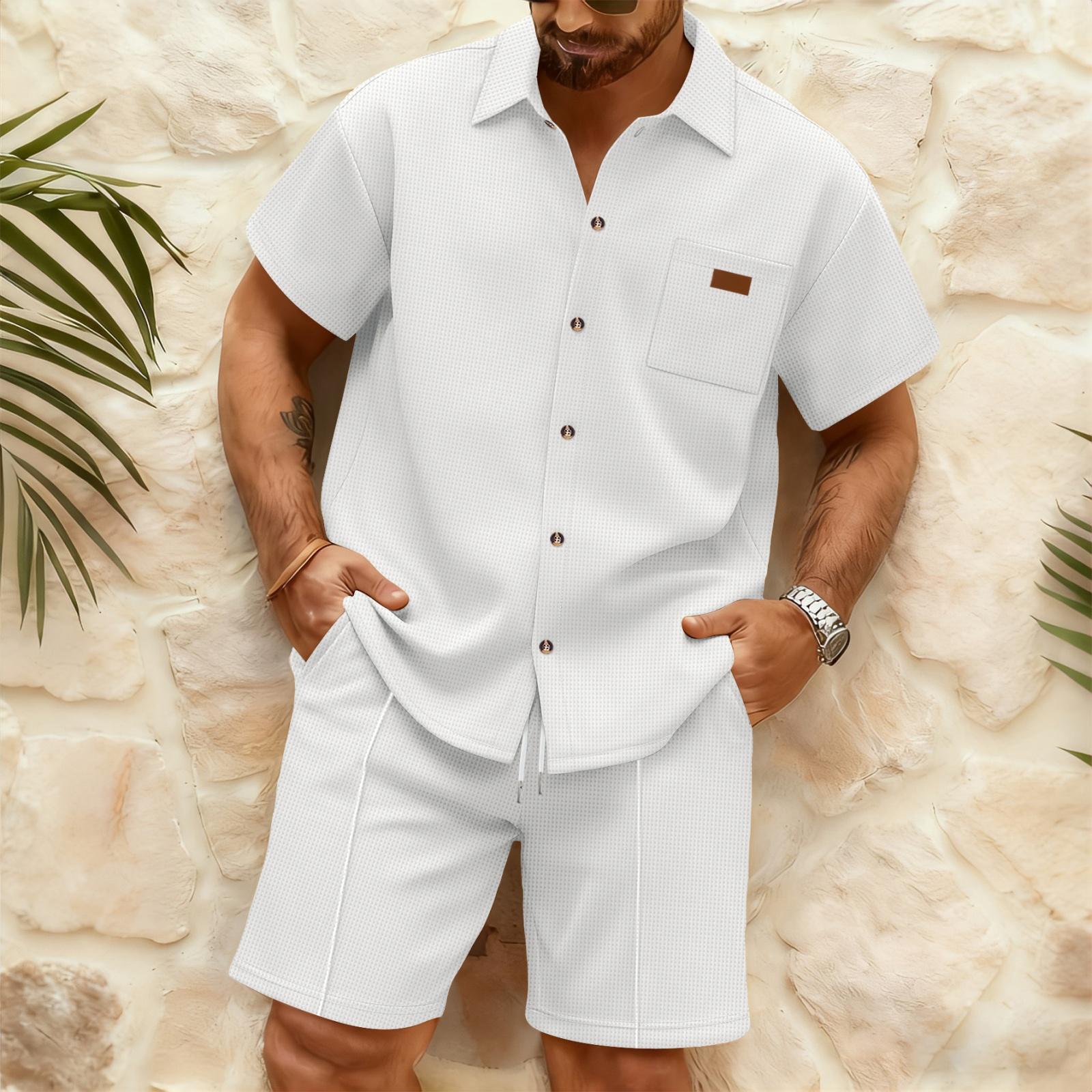 

Men s Stylish Casual Collarless Short-sleeved Shirt - Men s Short-sleeved Top And Shorts Two-piece Set XL білий