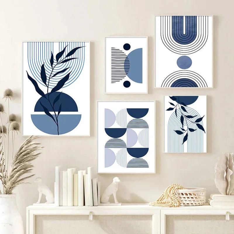 Boho Blue Abstract Modern Wall Art Print Sun Geometric Line Leaf Canvas Painting Nordic Posters Decor Pictures for Living Room