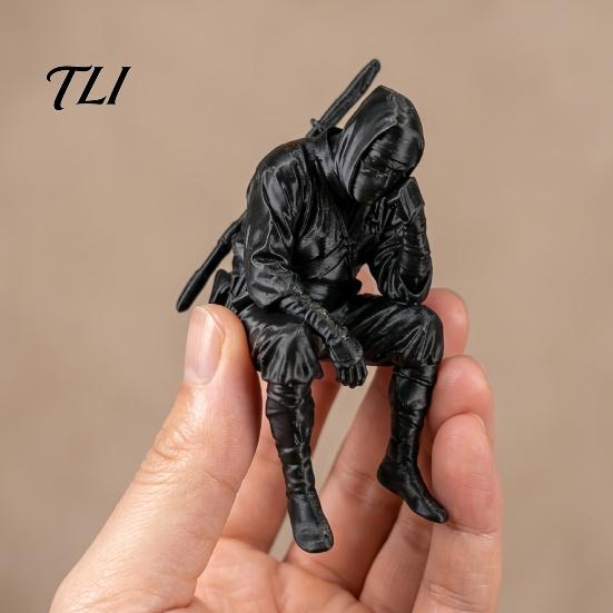 Masked Ninja Figurine 3D Printed Sitting Figurine, Thinking Dark Shelf Sitter, Decorative Samurai Ornament for Home Office Bookshelf Table