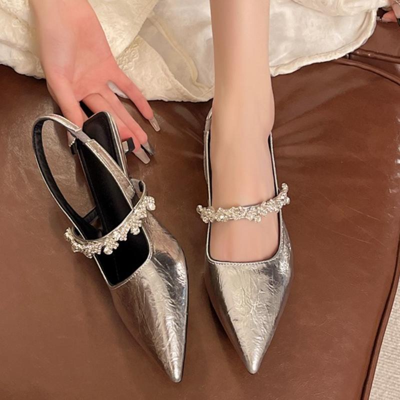 Fashion Summer Women Silver Back Clasp Sandals  High-Heeled Rhinestone Mary Jane Shoes Ladies Slingback Temperament Gold Pumps