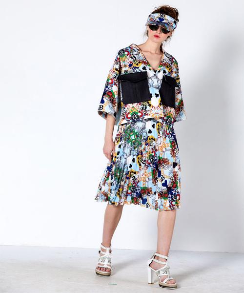Greedius Spade Print Pleated Midi Skirt