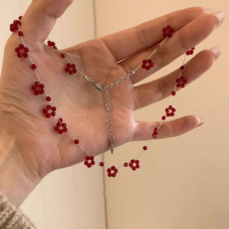 Dark Red Crystal Beads Flower Titanium Steel Clavicle Chain Girls Sweet Holiday Necklace Festival Gifts for Women