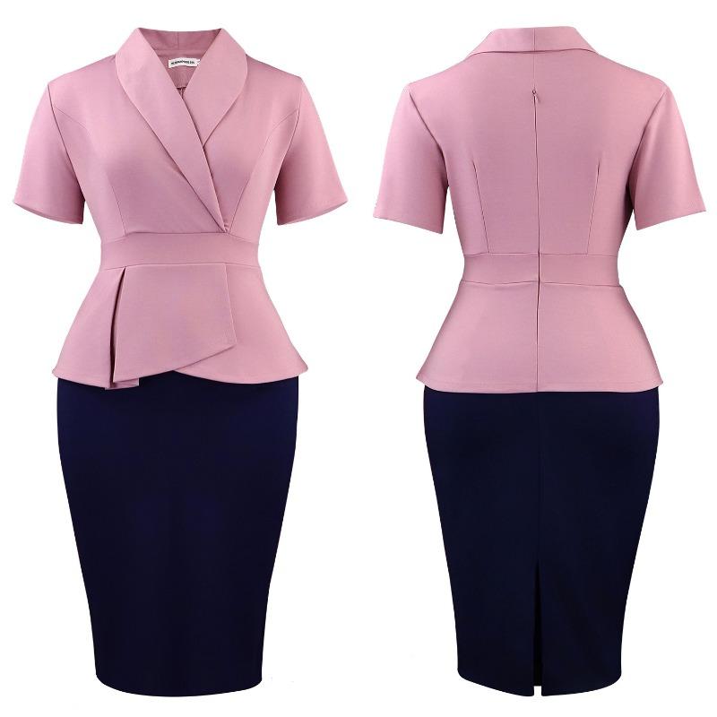 Übergröße Damen Kurzarm Rüschen Farbblock Hoher Bund Bodycon Midi Kleid
