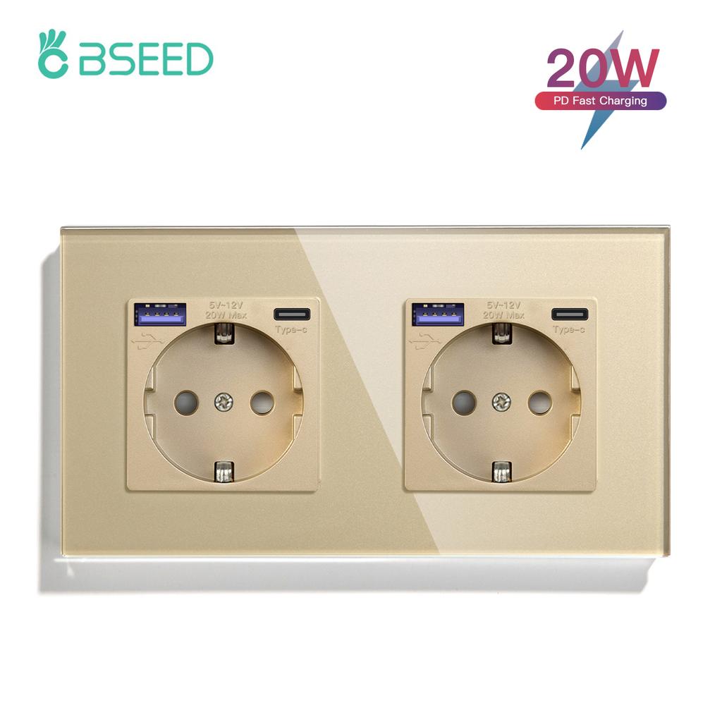 BSEED Double EU Wall Socket Type-c USB Power Sockets Android Apple Mobile Phone Charging Ports Glass Panel 16A