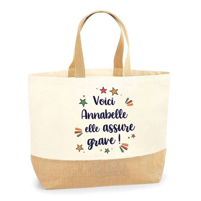 Cabas de plage - PLANETEE - Annabelle elle assure grave ! - Jute naturel - Impression texte - Fabriqué en France