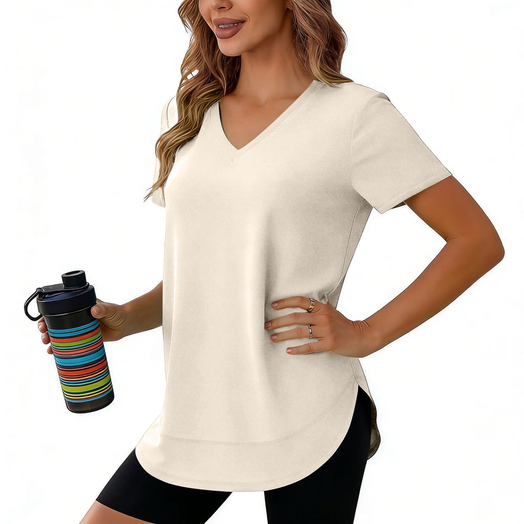 Women's Casual Loose-Fit Fashionable -Color Short-Sleeve V-Neck Pullover T-Shirt