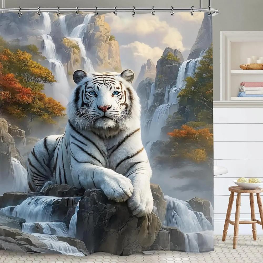 White Tiger Animal Printed Shower Curtain Cool Majestic Wildlife Artwork For Modern Bathroom Decor