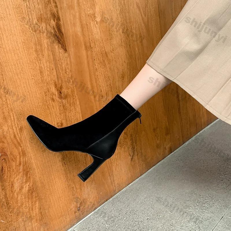Faux Suede Chunky Heel Ankle Boots for Women Fashion Slip on Pointed Back Zipper Boots Women Square Heeled Socks Short Booties