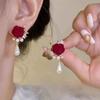 1Pairs Rose Flower Decorative Earrings Red Velvet Rose Pearl Stud Earrings  Wedding Jewelry