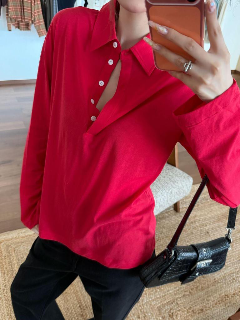 Women's Red Long Sleeve Polo Collar Casual T-Shirt by Nanyou