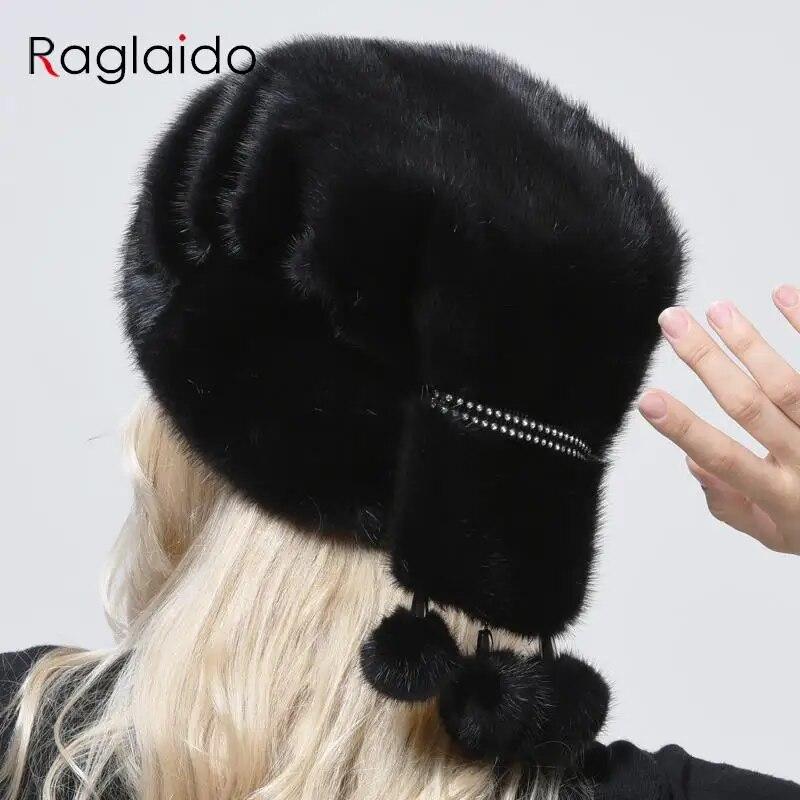 New Luxury Women Elegant Mink Fur Hat Whole Skin Real Fur Hat Full Pelt 3 Balls Diamond Tails Hat Big Warm Women Fur Hat