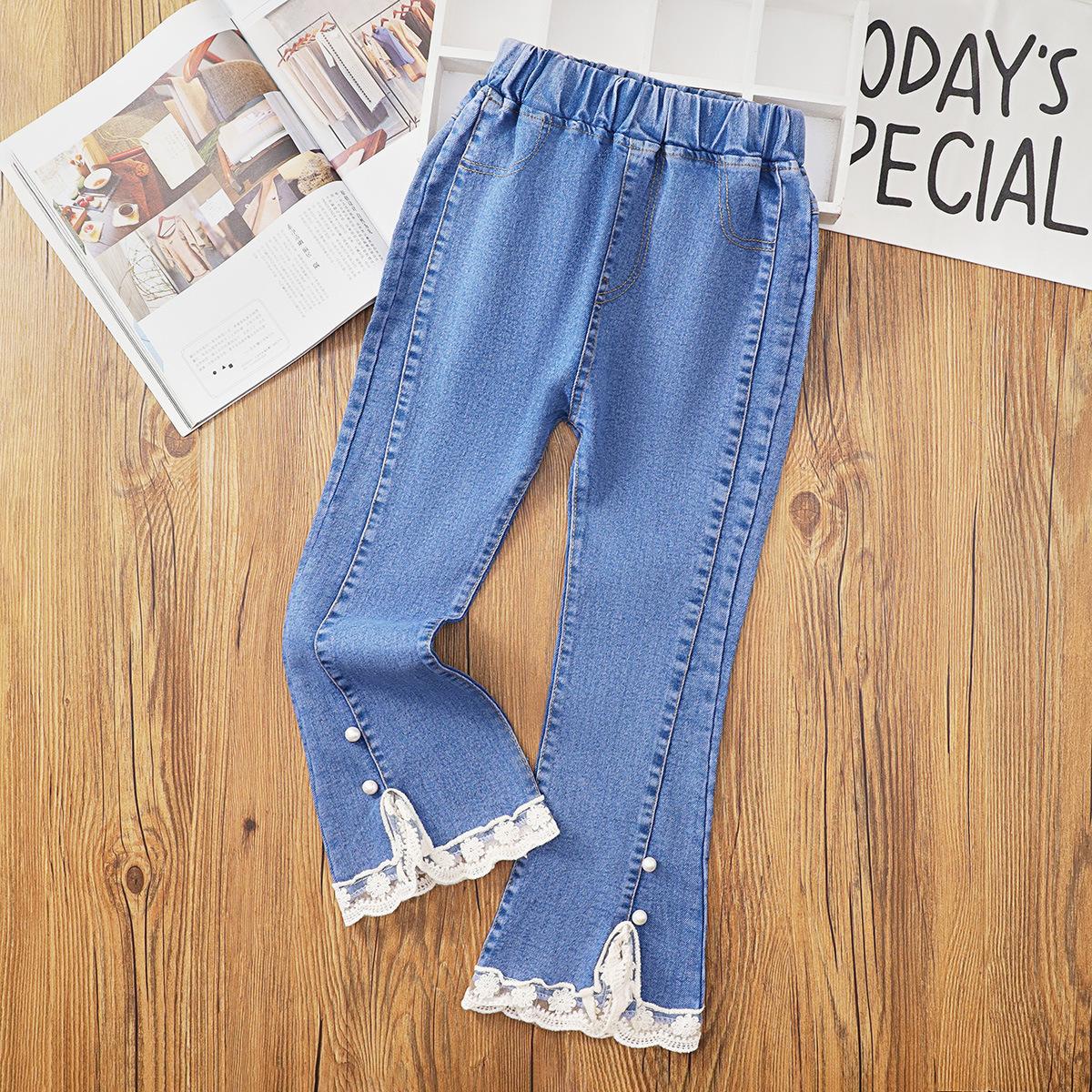 

Весенние и осенние повседневные джинсы для девочек, свободные расклешенные брюки с кружевом и жемчугом 130
