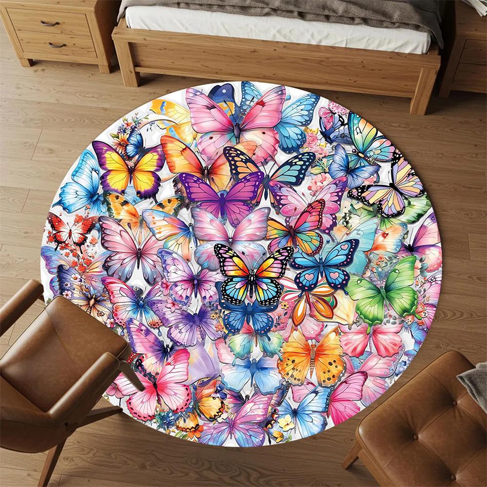 1pc Butterfly Mandala Pattern Office Round Rugs, Under Chair Round Rugs for Living Room, Bedroom, Bathroom Decoration Carpet 091859