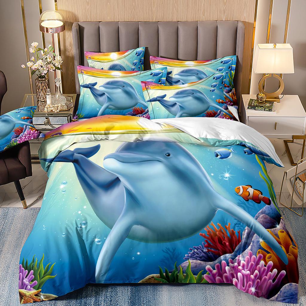 3D-gedruckte Heimtextilien Bettwäsche Delfin Meeresschildkröte Meerestier Quilt-Set Dreiteiliges Set