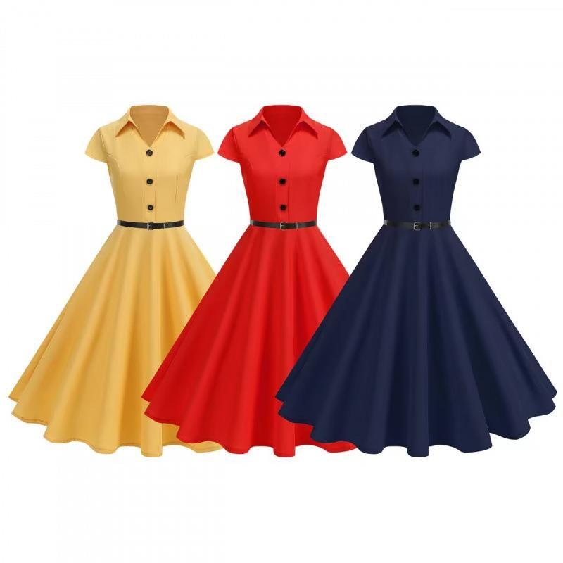 

Real Shot Spot 2025 Amazon Cross-Border Hot Sale Pure Color Shirt Collar French Retro Hepburn Hong Kong Style Dress Yellow L