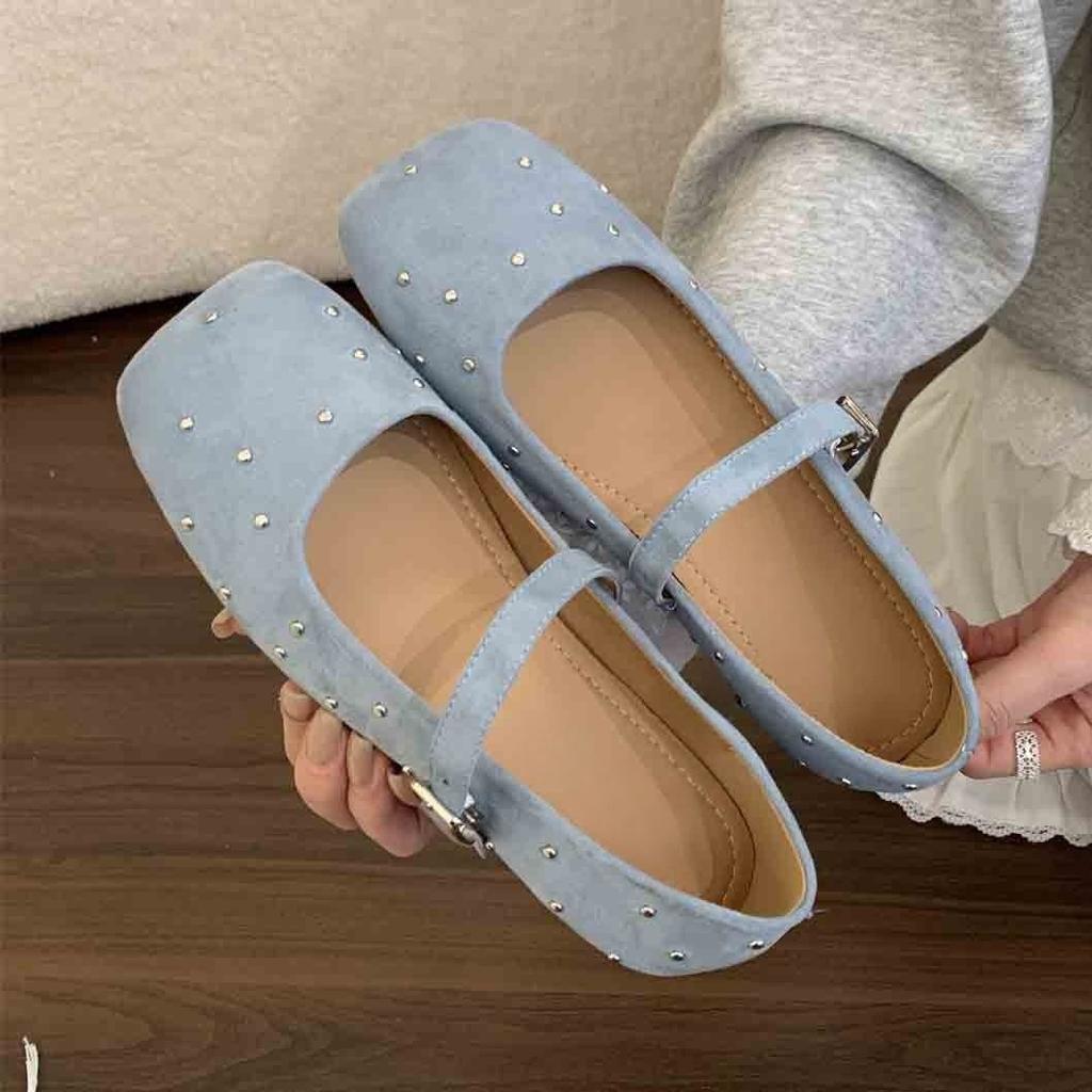 Rivet suede square head shallow mouth single shoes female spring gentle fairy wind French casual flat Mary Jane shoes