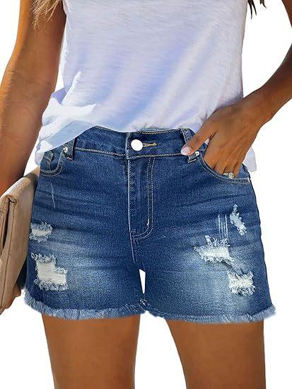 Damen zerrissene Jeansshorts hohe Taille ausgefranster roher Saum Stretch distressed Jean Shorts Sommer lässige Unterteile