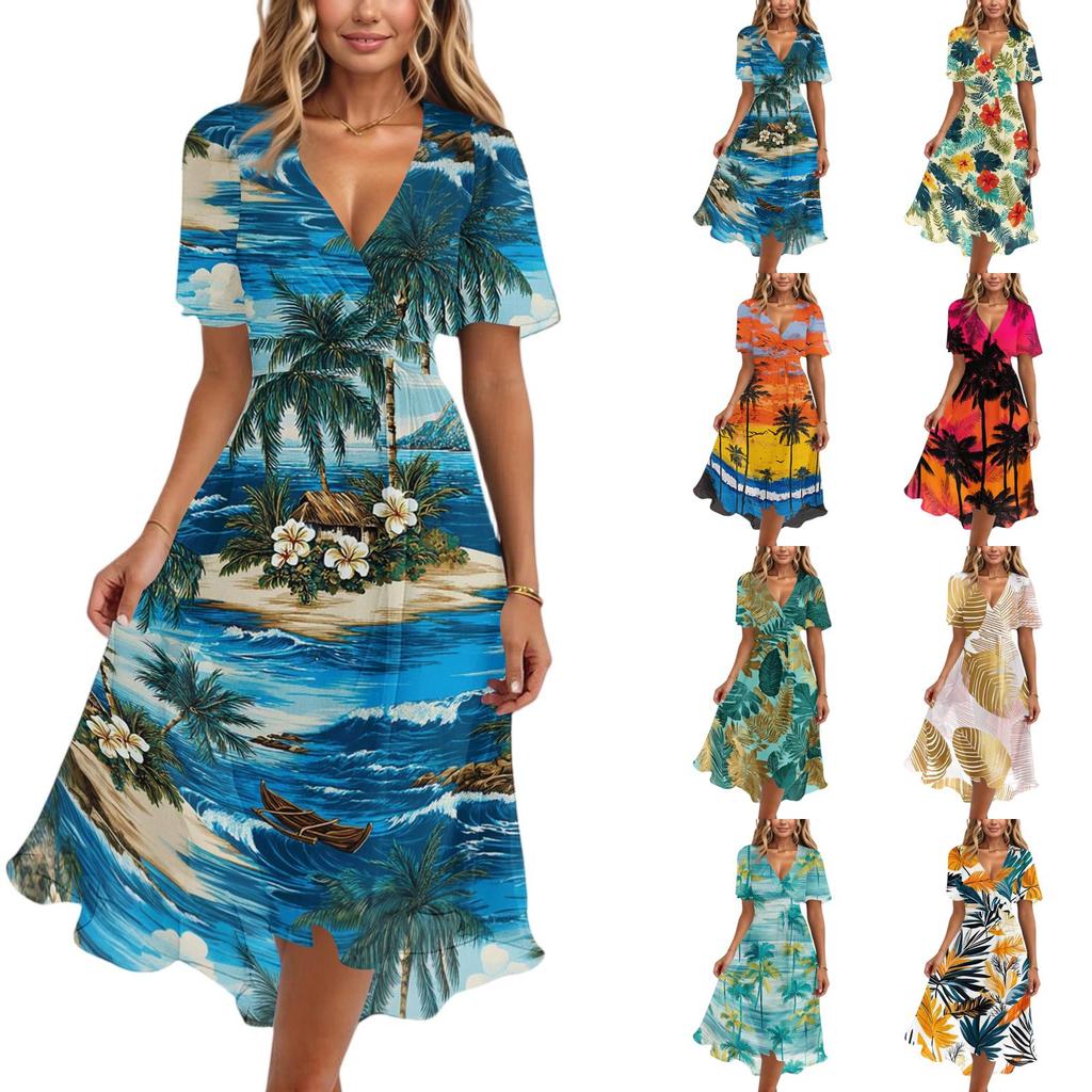 Women V Neck Short Sleeve Casual Dress Retro Floral Print Midi Dress Lightweight Summer Dress with Flared Skirt