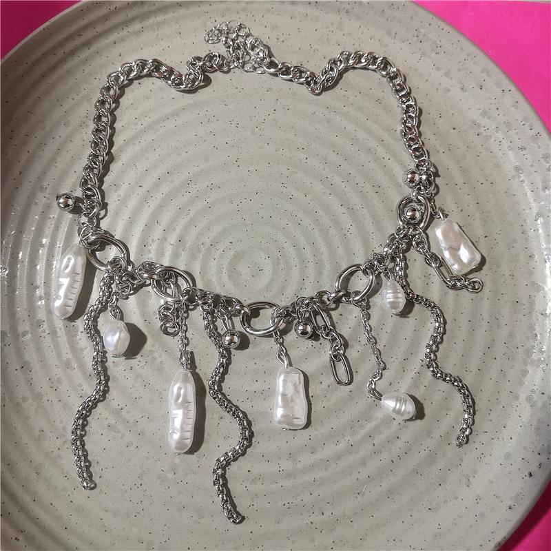 Irregular Pearl Pendant Silver Color Tassel Chain Thick Chunky Necklace For Women Charm Personalized Neck Jewelry Accessories