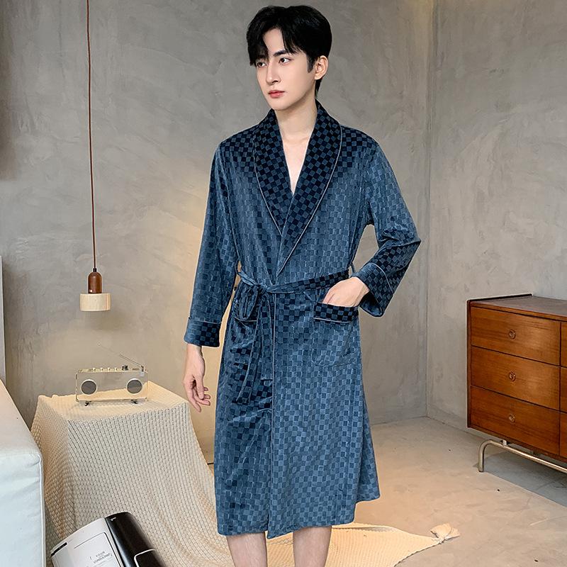 

Men s Mid-Length Checkered Velvet Bathrobe - Golden Velvet, Autumn/Winter, Korean Style. Extra Large